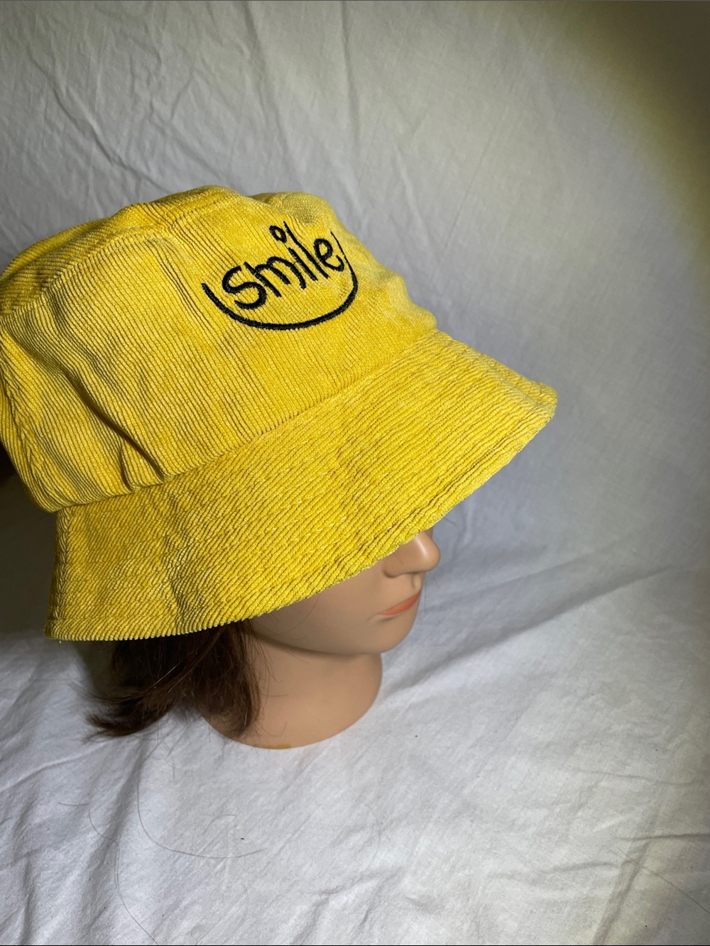 Yellow Corduroy 'Smile' Embroidered Bucket Hat for Women - Casual Sun Hat